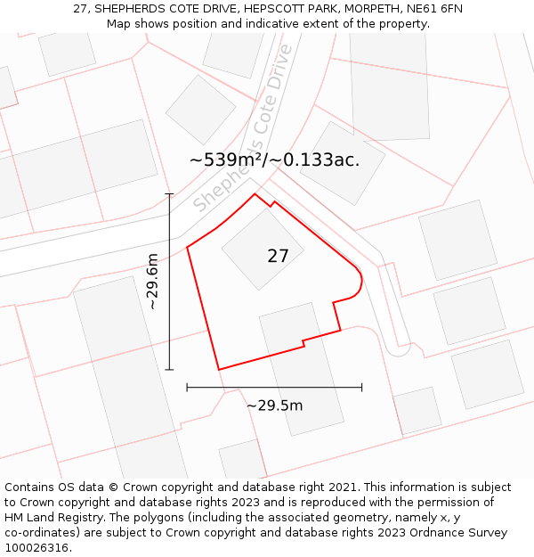27, SHEPHERDS COTE DRIVE, HEPSCOTT PARK, MORPETH, NE61 6FN: Plot and title map
