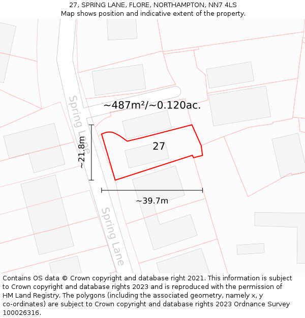 27, SPRING LANE, FLORE, NORTHAMPTON, NN7 4LS: Plot and title map