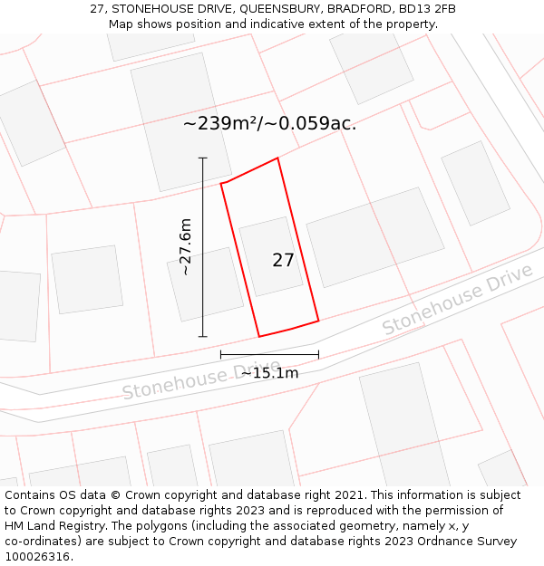 27, STONEHOUSE DRIVE, QUEENSBURY, BRADFORD, BD13 2FB: Plot and title map