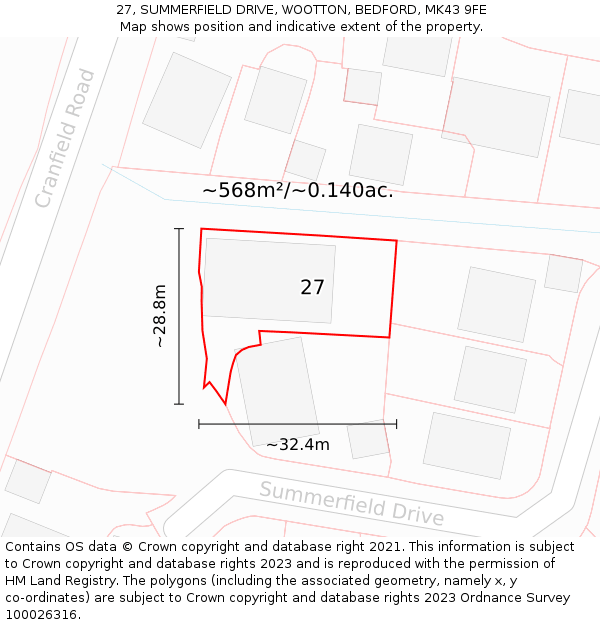 27, SUMMERFIELD DRIVE, WOOTTON, BEDFORD, MK43 9FE: Plot and title map