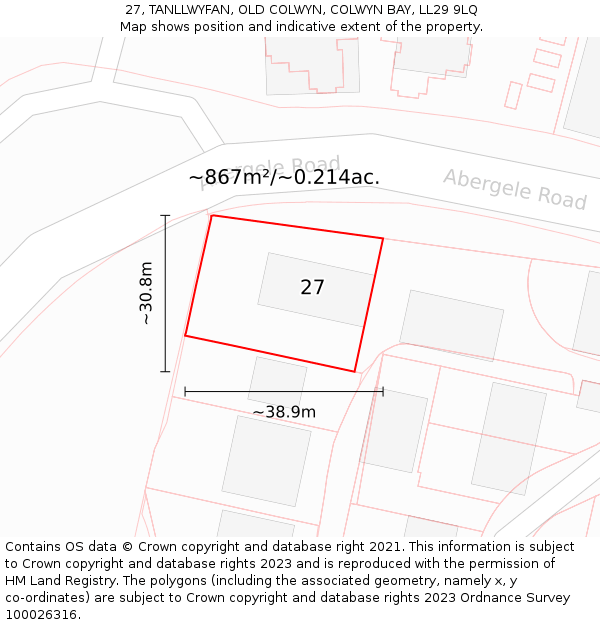 27, TANLLWYFAN, OLD COLWYN, COLWYN BAY, LL29 9LQ: Plot and title map