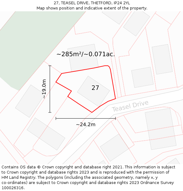 27, TEASEL DRIVE, THETFORD, IP24 2YL: Plot and title map