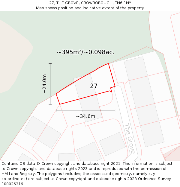 27, THE GROVE, CROWBOROUGH, TN6 1NY: Plot and title map