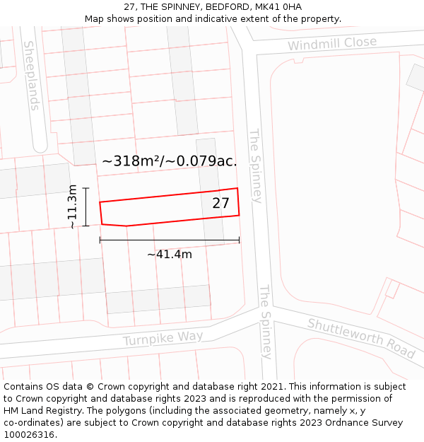 27, THE SPINNEY, BEDFORD, MK41 0HA: Plot and title map