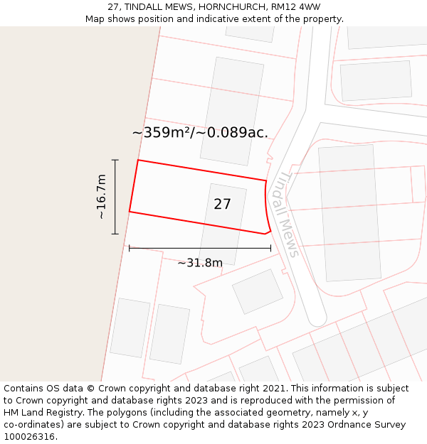 27, TINDALL MEWS, HORNCHURCH, RM12 4WW: Plot and title map