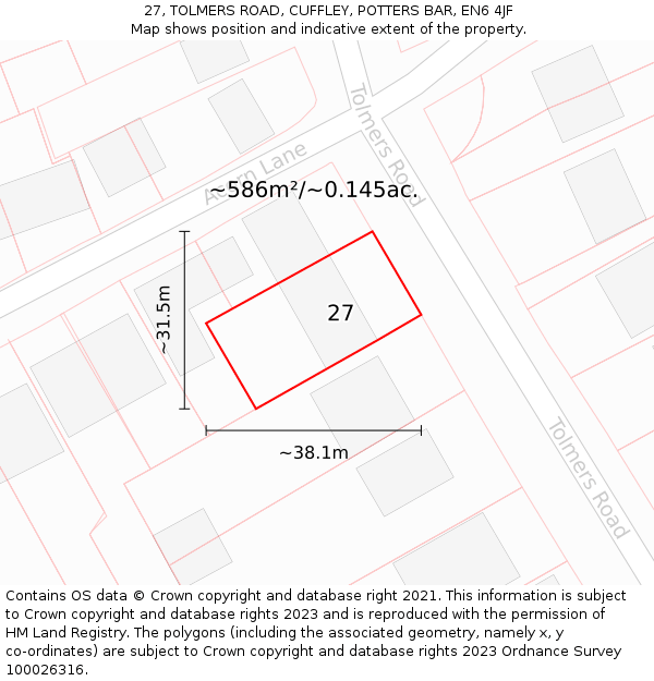 27, TOLMERS ROAD, CUFFLEY, POTTERS BAR, EN6 4JF: Plot and title map