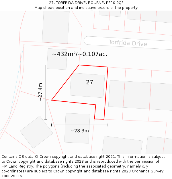 27, TORFRIDA DRIVE, BOURNE, PE10 9QF: Plot and title map