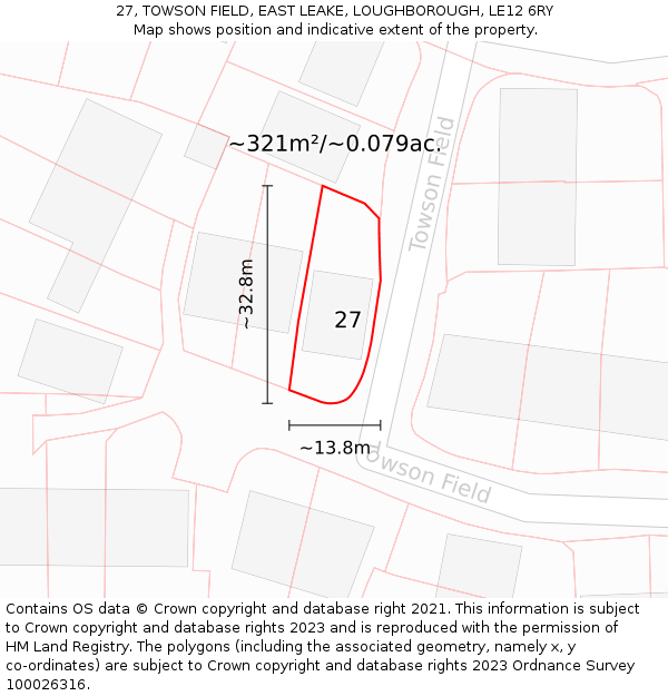 27, TOWSON FIELD, EAST LEAKE, LOUGHBOROUGH, LE12 6RY: Plot and title map