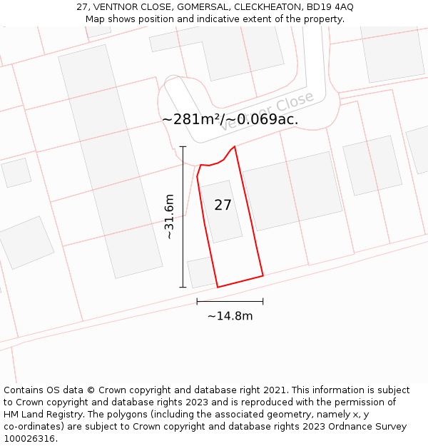 27, VENTNOR CLOSE, GOMERSAL, CLECKHEATON, BD19 4AQ: Plot and title map