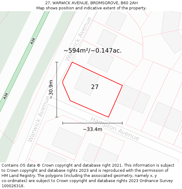 27, WARWICK AVENUE, BROMSGROVE, B60 2AH: Plot and title map