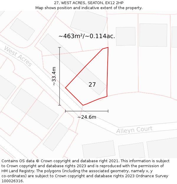 27, WEST ACRES, SEATON, EX12 2HP: Plot and title map