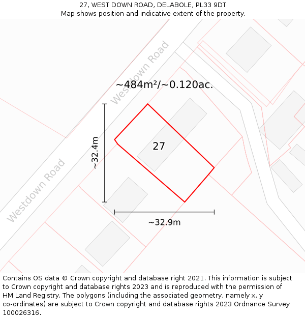 27, WEST DOWN ROAD, DELABOLE, PL33 9DT: Plot and title map