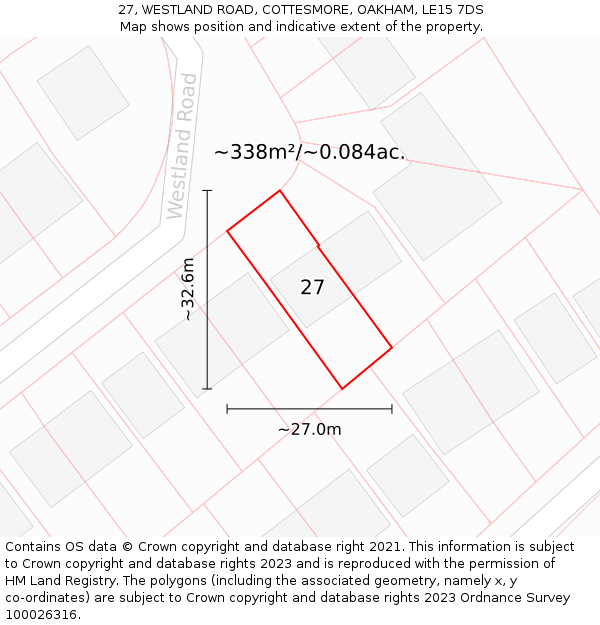 27, WESTLAND ROAD, COTTESMORE, OAKHAM, LE15 7DS: Plot and title map