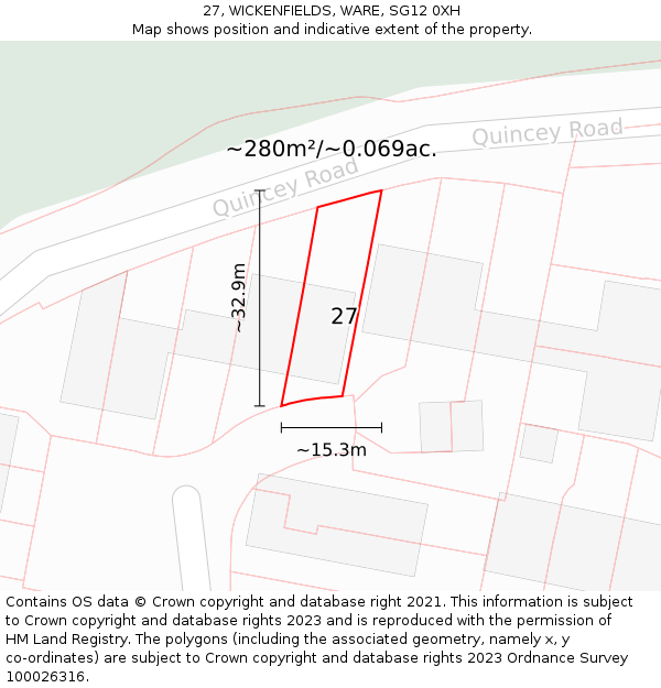 27, WICKENFIELDS, WARE, SG12 0XH: Plot and title map