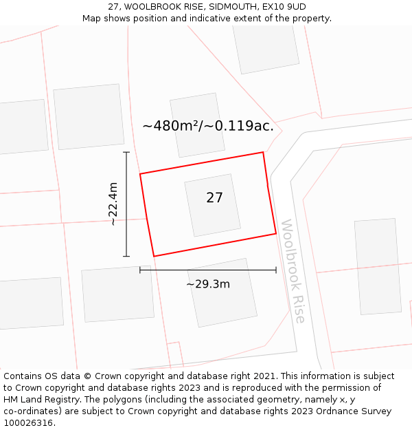 27, WOOLBROOK RISE, SIDMOUTH, EX10 9UD: Plot and title map