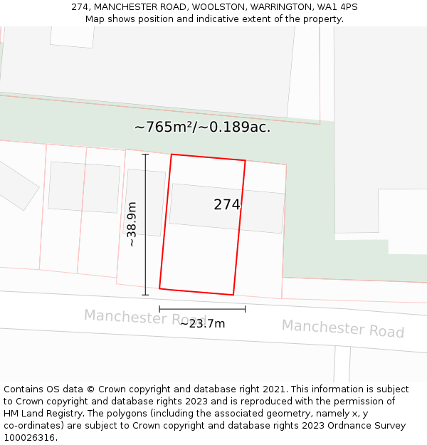 274, MANCHESTER ROAD, WOOLSTON, WARRINGTON, WA1 4PS: Plot and title map