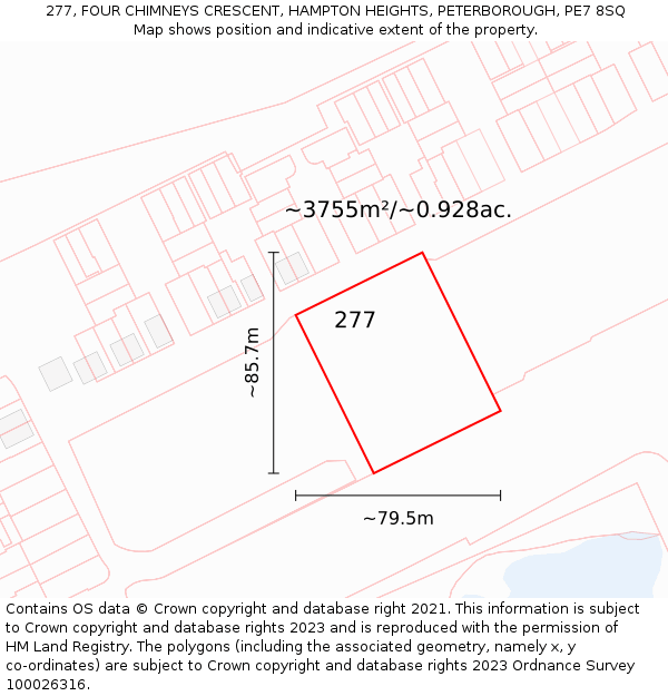 277, FOUR CHIMNEYS CRESCENT, HAMPTON HEIGHTS, PETERBOROUGH, PE7 8SQ: Plot and title map