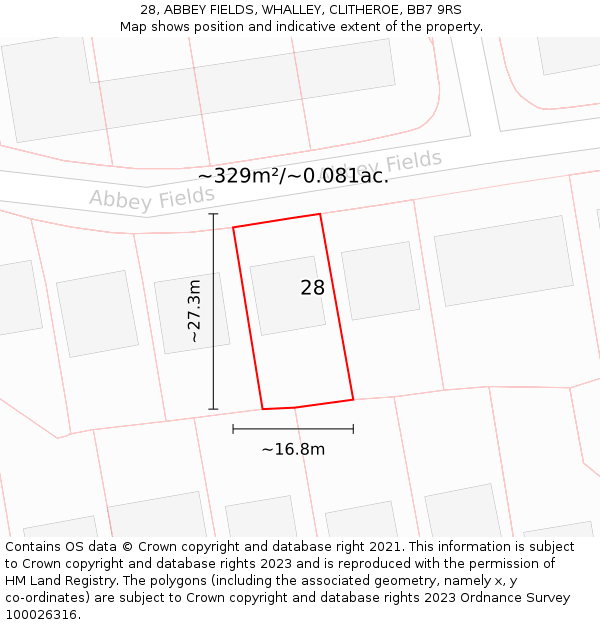 28, ABBEY FIELDS, WHALLEY, CLITHEROE, BB7 9RS: Plot and title map