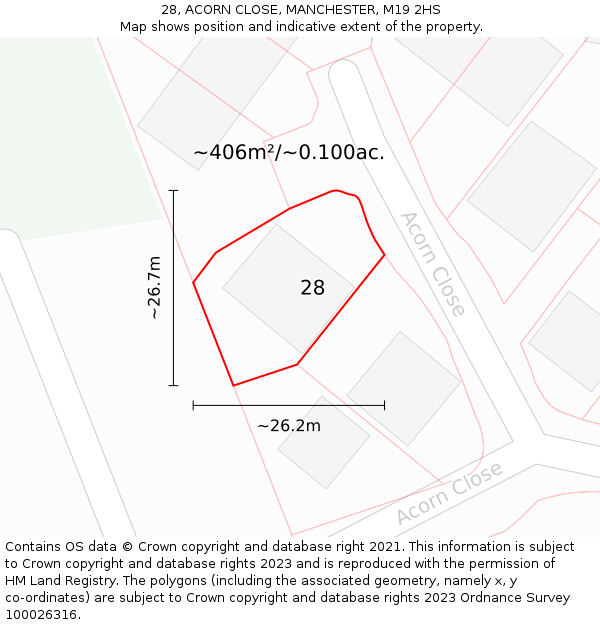 28, ACORN CLOSE, MANCHESTER, M19 2HS: Plot and title map