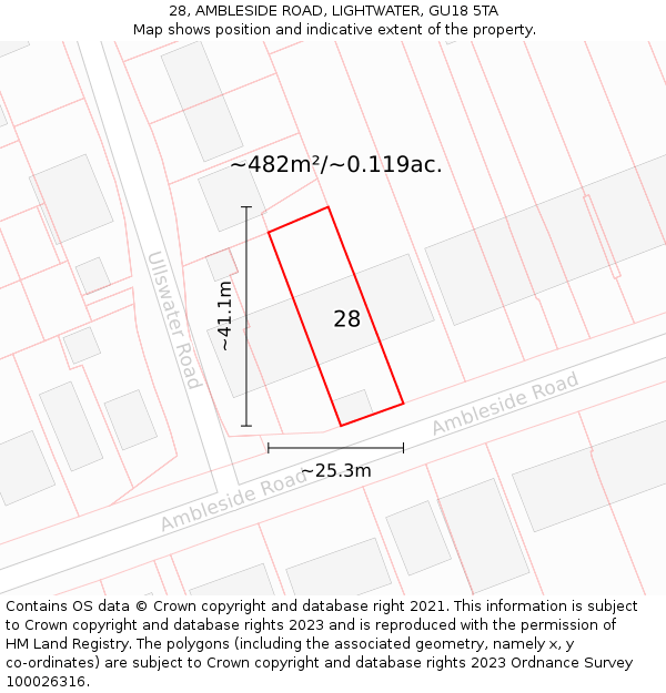 28, AMBLESIDE ROAD, LIGHTWATER, GU18 5TA: Plot and title map