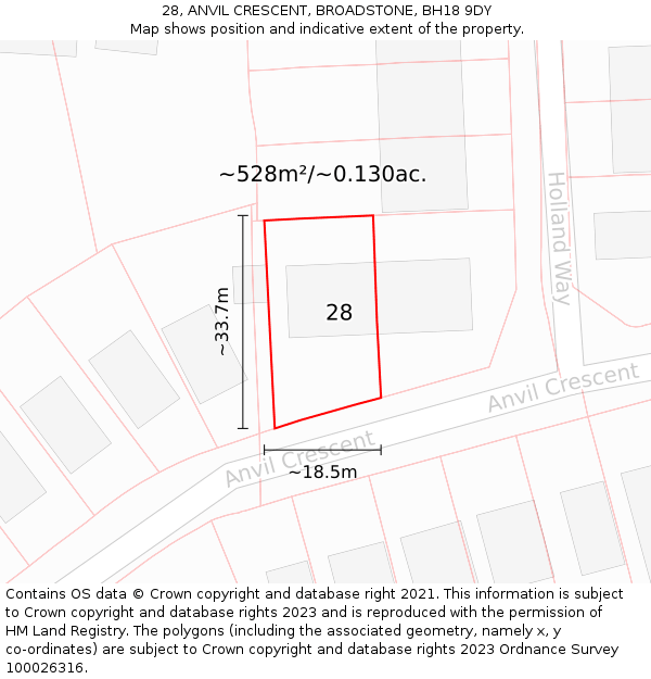 28, ANVIL CRESCENT, BROADSTONE, BH18 9DY: Plot and title map