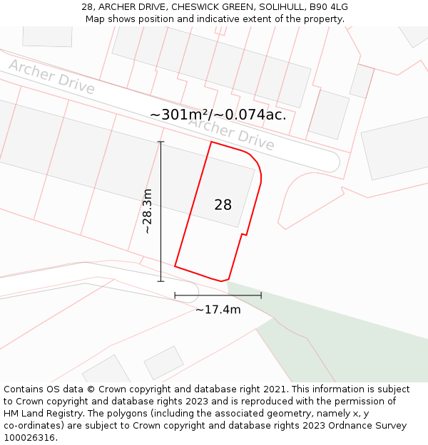 28, ARCHER DRIVE, CHESWICK GREEN, SOLIHULL, B90 4LG: Plot and title map