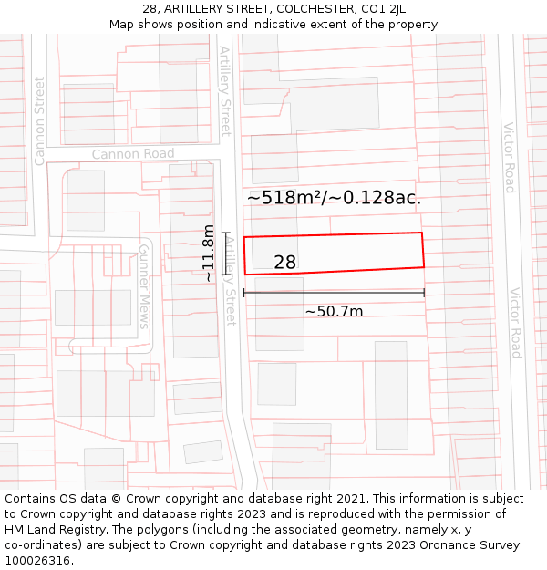 28, ARTILLERY STREET, COLCHESTER, CO1 2JL: Plot and title map