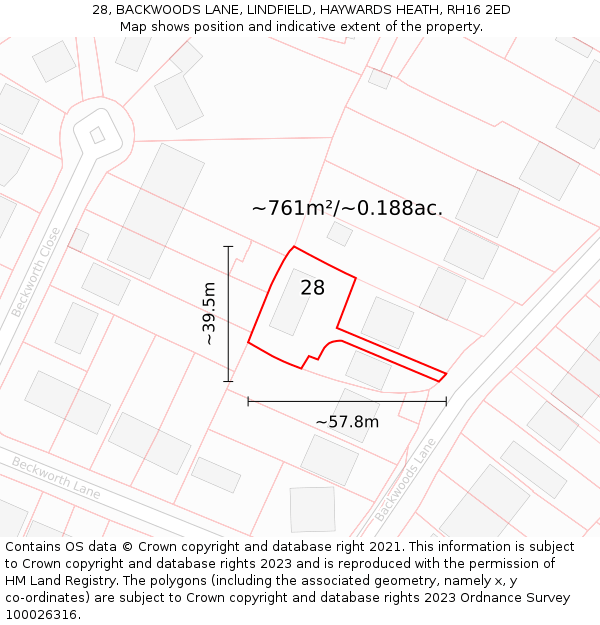 28, BACKWOODS LANE, LINDFIELD, HAYWARDS HEATH, RH16 2ED: Plot and title map