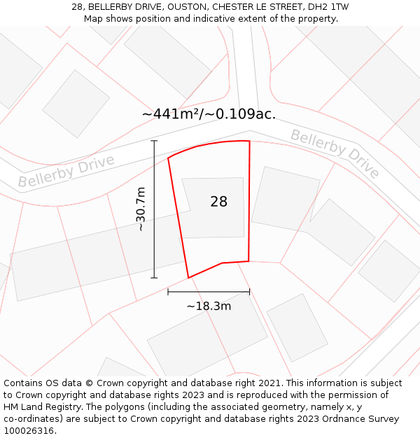 28, BELLERBY DRIVE, OUSTON, CHESTER LE STREET, DH2 1TW: Plot and title map