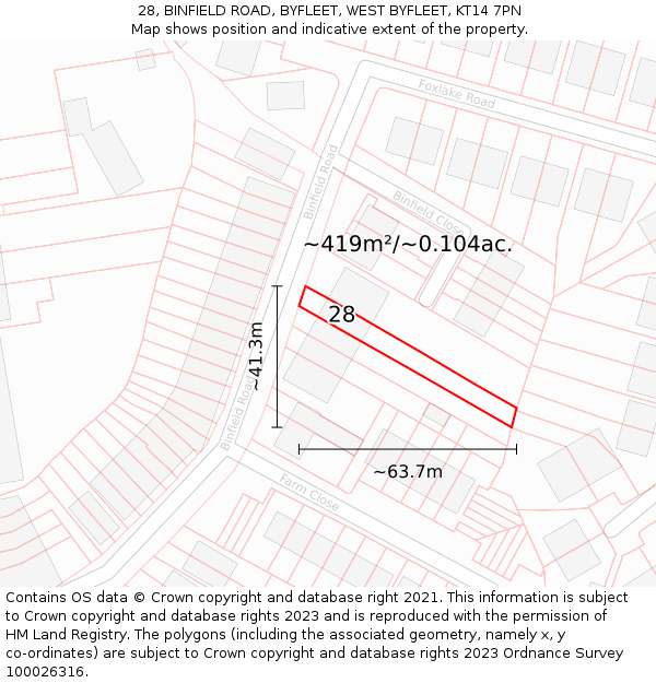 28, BINFIELD ROAD, BYFLEET, WEST BYFLEET, KT14 7PN: Plot and title map