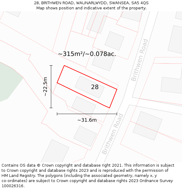 28, BRITHWEN ROAD, WAUNARLWYDD, SWANSEA, SA5 4QS: Plot and title map