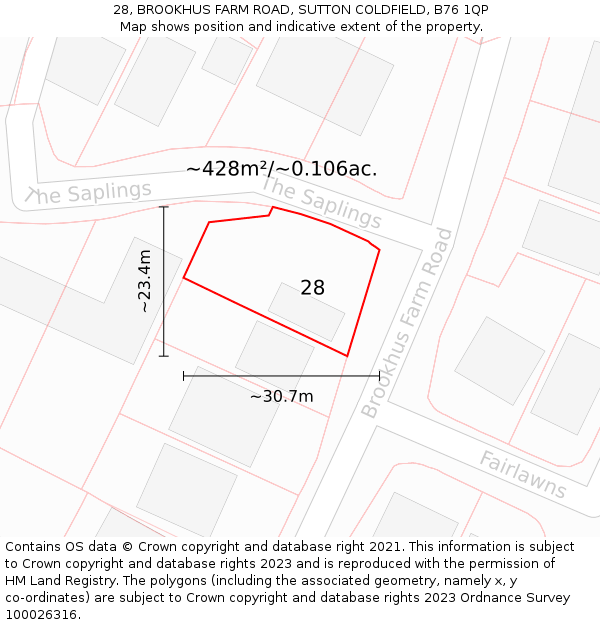 28, BROOKHUS FARM ROAD, SUTTON COLDFIELD, B76 1QP: Plot and title map