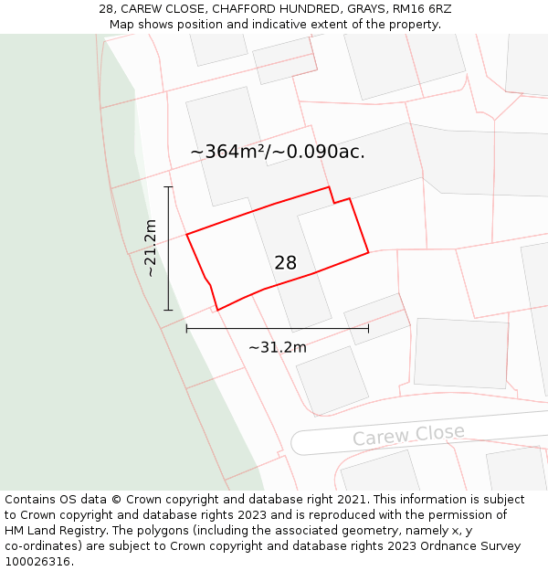 28, CAREW CLOSE, CHAFFORD HUNDRED, GRAYS, RM16 6RZ: Plot and title map