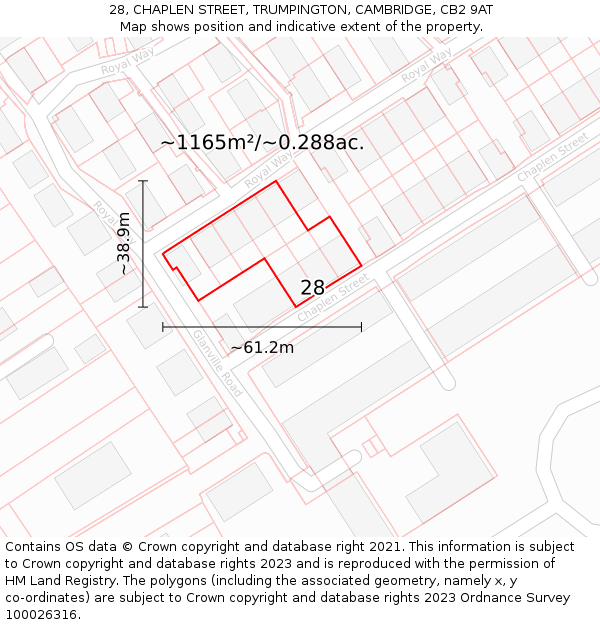 28, CHAPLEN STREET, TRUMPINGTON, CAMBRIDGE, CB2 9AT: Plot and title map