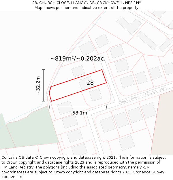 28, CHURCH CLOSE, LLANGYNIDR, CRICKHOWELL, NP8 1NY: Plot and title map