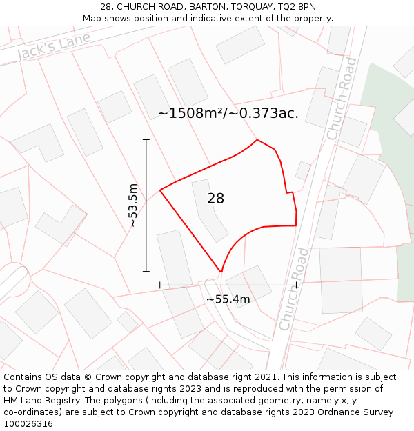 28, CHURCH ROAD, BARTON, TORQUAY, TQ2 8PN: Plot and title map