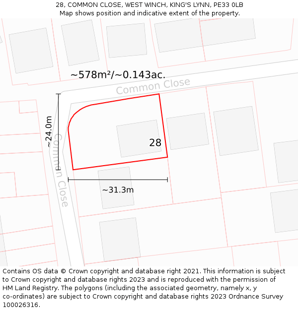 28, COMMON CLOSE, WEST WINCH, KING'S LYNN, PE33 0LB: Plot and title map