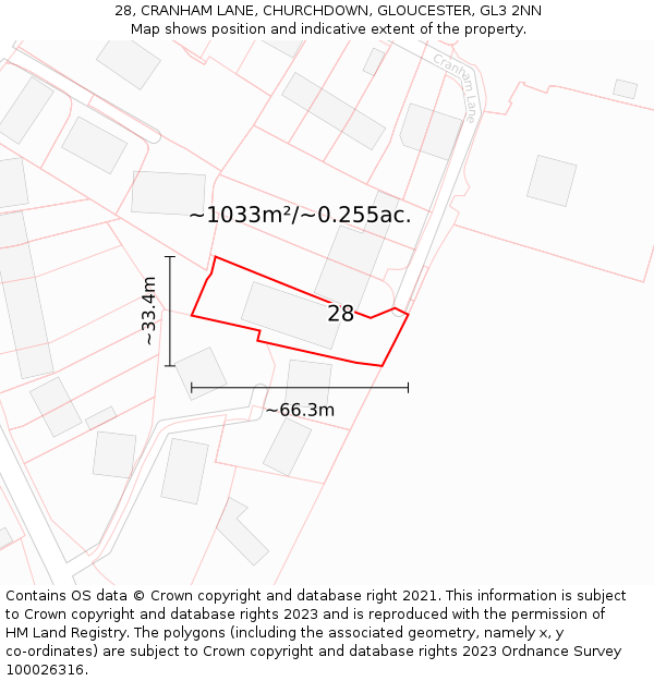 28, CRANHAM LANE, CHURCHDOWN, GLOUCESTER, GL3 2NN: Plot and title map