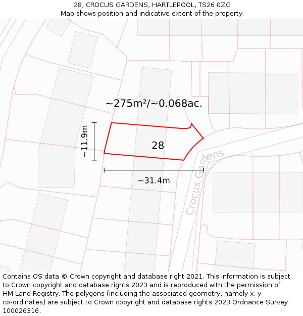 28, CROCUS GARDENS, HARTLEPOOL, TS26 0ZG: Plot and title map