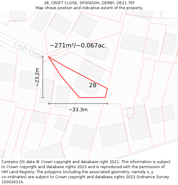 28, CROFT CLOSE, SPONDON, DERBY, DE21 7EF: Plot and title map