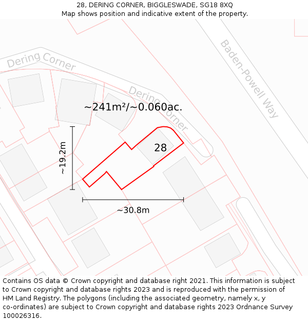 28, DERING CORNER, BIGGLESWADE, SG18 8XQ: Plot and title map