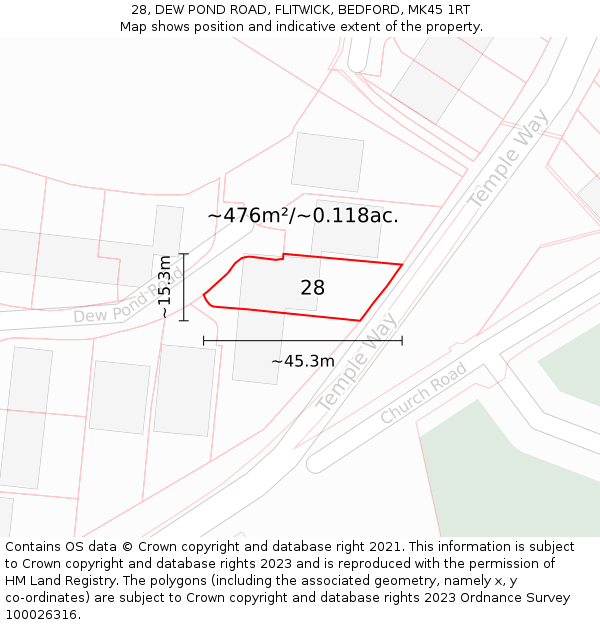 28, DEW POND ROAD, FLITWICK, BEDFORD, MK45 1RT: Plot and title map