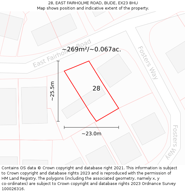 28, EAST FAIRHOLME ROAD, BUDE, EX23 8HU: Plot and title map