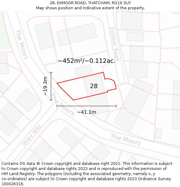 28, EXMOOR ROAD, THATCHAM, RG19 3UY: Plot and title map