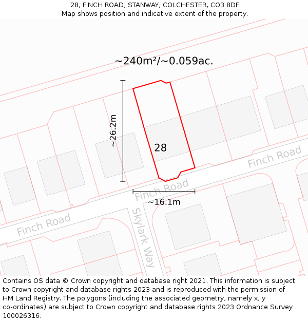 28, FINCH ROAD, STANWAY, COLCHESTER, CO3 8DF: Plot and title map