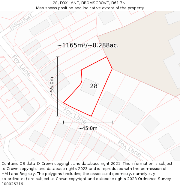 28, FOX LANE, BROMSGROVE, B61 7NL: Plot and title map