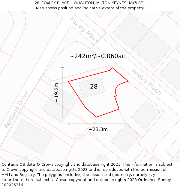 28, FOXLEY PLACE, LOUGHTON, MILTON KEYNES, MK5 8BU: Plot and title map