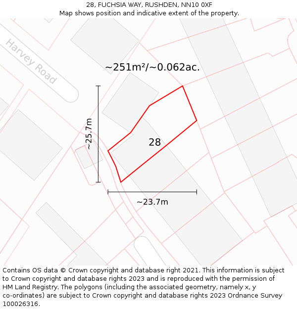 28, FUCHSIA WAY, RUSHDEN, NN10 0XF: Plot and title map