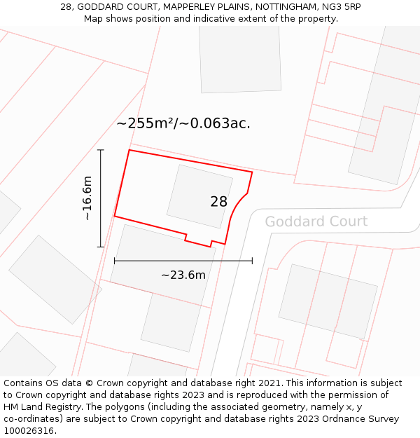 28, GODDARD COURT, MAPPERLEY PLAINS, NOTTINGHAM, NG3 5RP: Plot and title map
