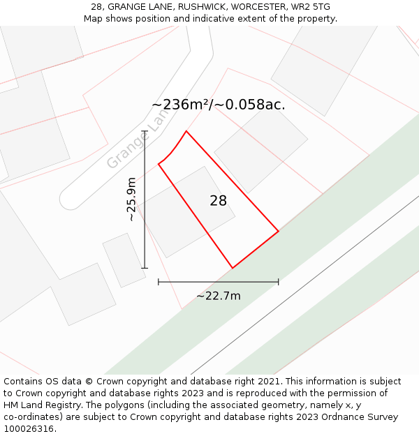 28, GRANGE LANE, RUSHWICK, WORCESTER, WR2 5TG: Plot and title map